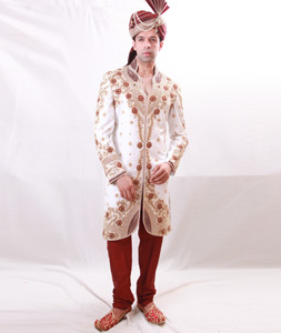 White Brocade Readymade Sherwani 204372