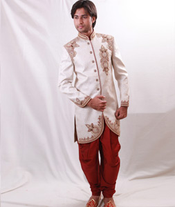 Off White Brocade Readymade Sherwani 204376