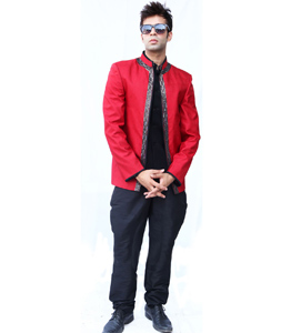 Red Brocade Jodhpuri Suit 128030