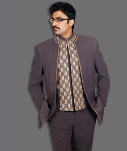 Grey Satin Jodhpuri Suit 128038