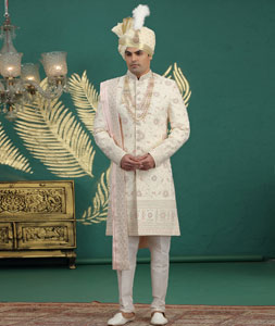 Beige Art Silk Achkan Style Sherwani With Dupatta 319003