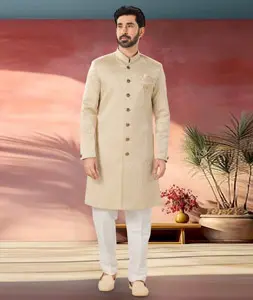 Beige Jacquard Indo Western Sherwani 301879