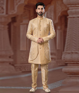 Beige Jacquard Silk Jacket Style Sherwani 282253