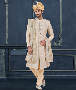 Beige Silk Achkan Style Sherwani 305198