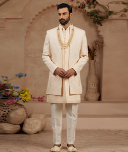 Beige Silk Jacket Style Sherwani 306726