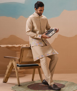 Beige Viscose Kurta Pajama With Jacket 318312