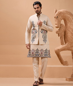Beige Viscose Kurta Pajama With Jacket 319276