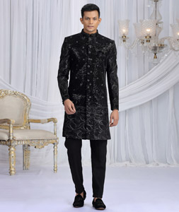 Black Art Silk Achkan Style Sherwani 319042