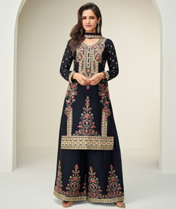 Navy Blue Chinon Silk Palazzo Suit 318279