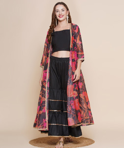 Black Cotton Kurta Set With Jacket 281444