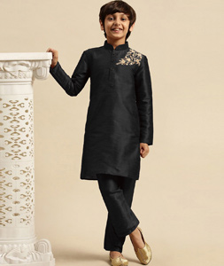 Black Dupion Silk Kids Kurta Pajama 316886