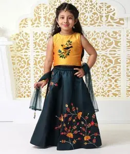 Black Dupion Silk Kids Lehenga Choli 301854