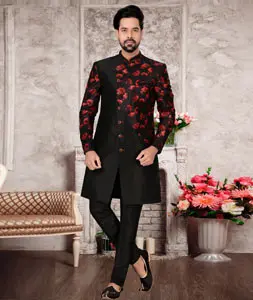 Black Jacquard Indo Western Sherwani 302970