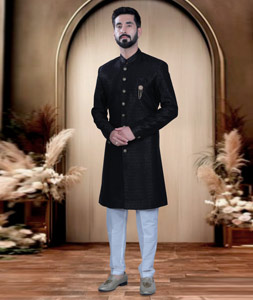 Black Rayon Achkan Style Sherwani 319686
