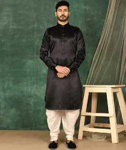 Black Satin Pathani Suit 300800