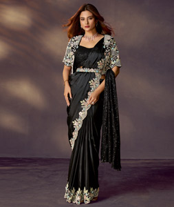 Black Satin Silk Designer Saree 318947