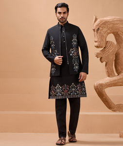 Black Viscose Kurta Pajama With Jacket 319275
