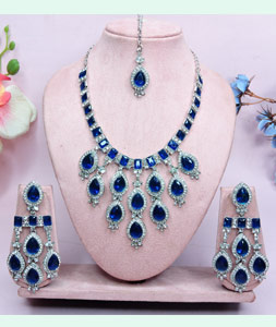 Blue Alloy Necklace Set With Earrings and Maang Tikka 312420
