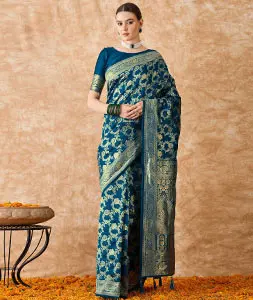 Blue Banarasi Silk Saree With Blouse 301523