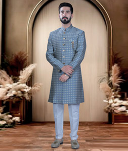 Blue Brocade Achkan Style Sherwani 319676