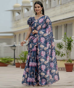 Blue Chinon Lehenga Saree 318035