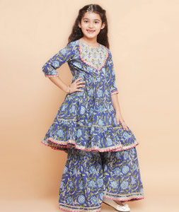 Blue Cotton Kids Sharara Suit 282658