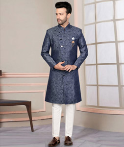 Blue Jacquard Indo Western Suit 316121