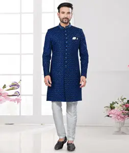 Blue Velvet Achkan Style Sherwani 295640