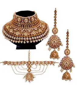 Brown Brass Austrian Diamonds and Kundan Necklace Set With Earrings and Maang Tikka 292917