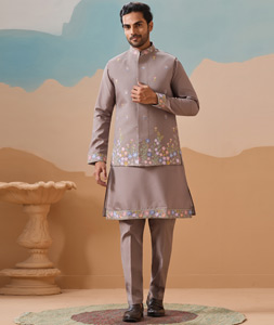 Brown Viscose Kurta Pajama With Jacket 318309