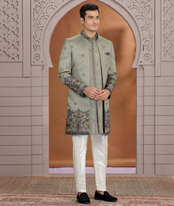 Camo Green Art Silk Indo Western Suit 319030