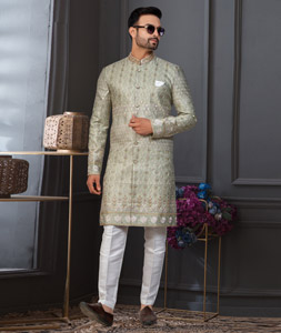 Camo Green Silk Indo Western Suit 317882