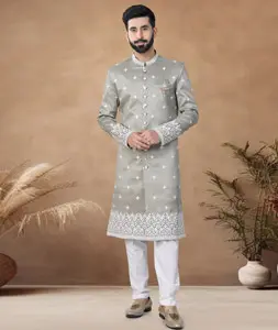 Camo Green Silk Indo Western Suit 298587