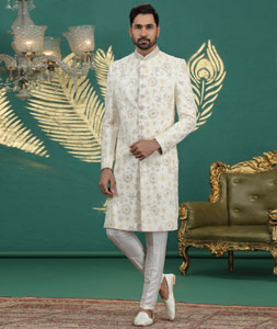 Cream Art Silk Achkan Style Sherwani 319001