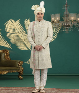 Cream Art Silk Achkan Style Sherwani With Dupatta 318997