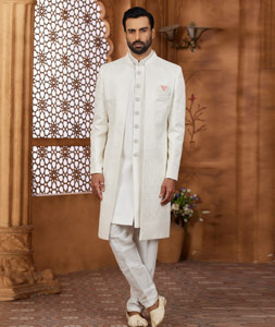 Cream Banarasi Silk Jacket Style Sherwani 306723
