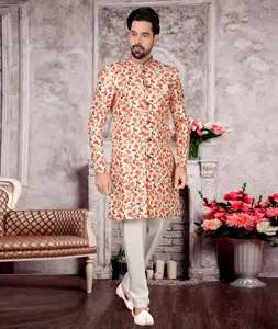Cream Jacquard Indo Western Sherwani 302965