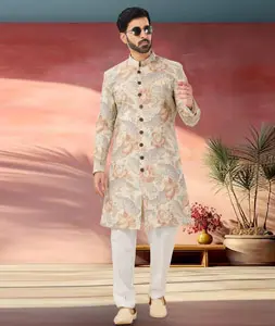 Cream Linen Indo Western Sherwani 301880