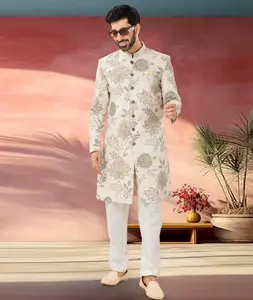 Cream Linen Indo Western Sherwani 301881