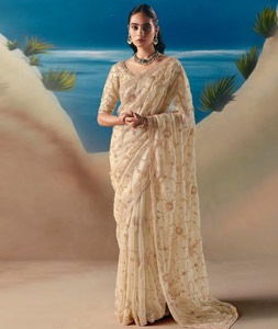 Cream Organza Saree With Blouse 318475
