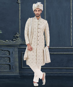 Cream Silk Achkan Style Sherwani 305212