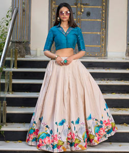 Cream Tussar Silk Floral Lehenga choli 318301