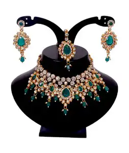 Green Alloy Austrian Diamonds and Kundan Necklace Set With Earrings and Maang Tikka 292950