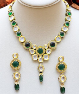 Green Alloy Necklace With Earrings 313940