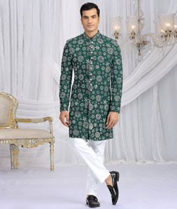 Green Art Silk Achkan Style Sherwani 319036