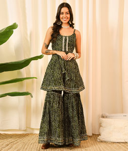 Green Cotton Kurta Set With Sharara 319951