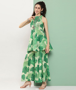 Green Cotton Kurta Set With Sharara 281422