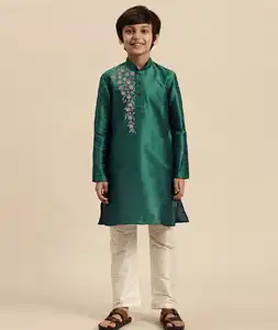 Green Dupion Silk Kids Kurta Pajama 289238