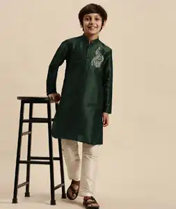 Green Dupion Silk Kids Kurta Pajama 289240