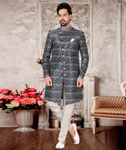 Grey Jacquard Indo Western Sherwani 302971